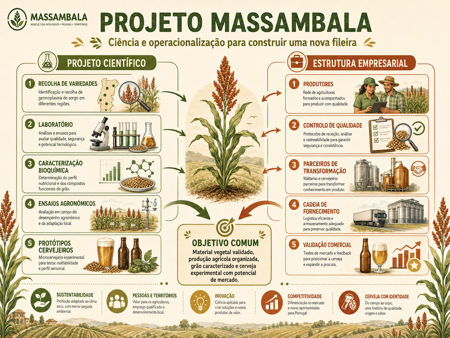 Infografia do Projeto MASSAMBALA, mostrando a articulação entre projeto científico e estrutura empresarial até um objetivo comum.